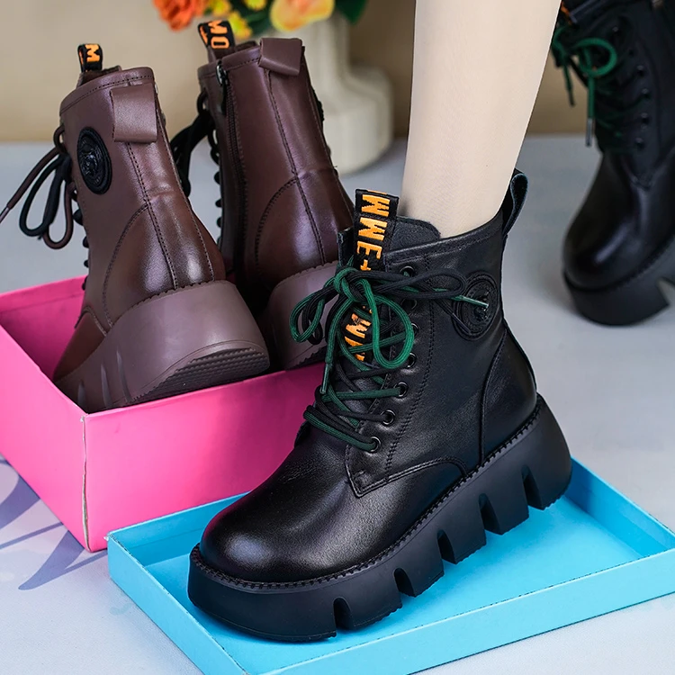 ZM22320CR秋冬新款厚底马丁靴女真皮英伦风复古帅气增高加绒短靴