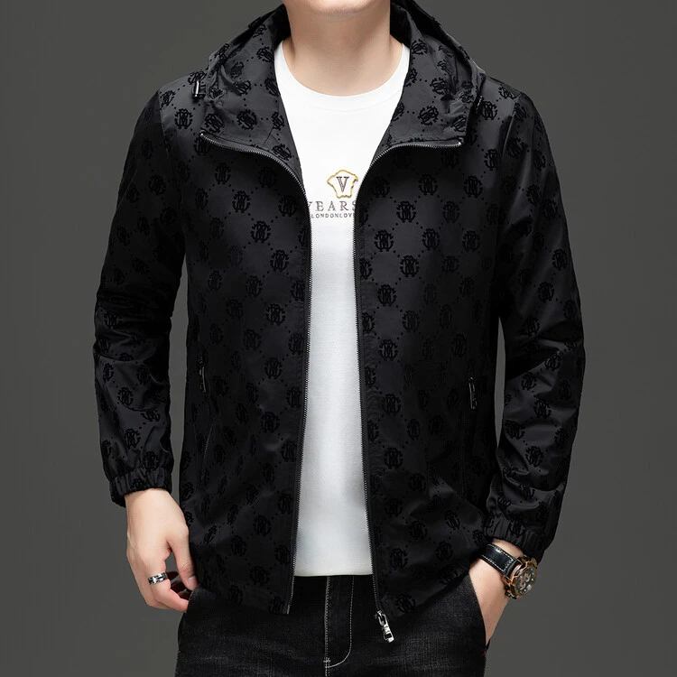 轻奢商务休闲夹克男潮流印花连帽男装立领上衣时尚薄款男士中青年