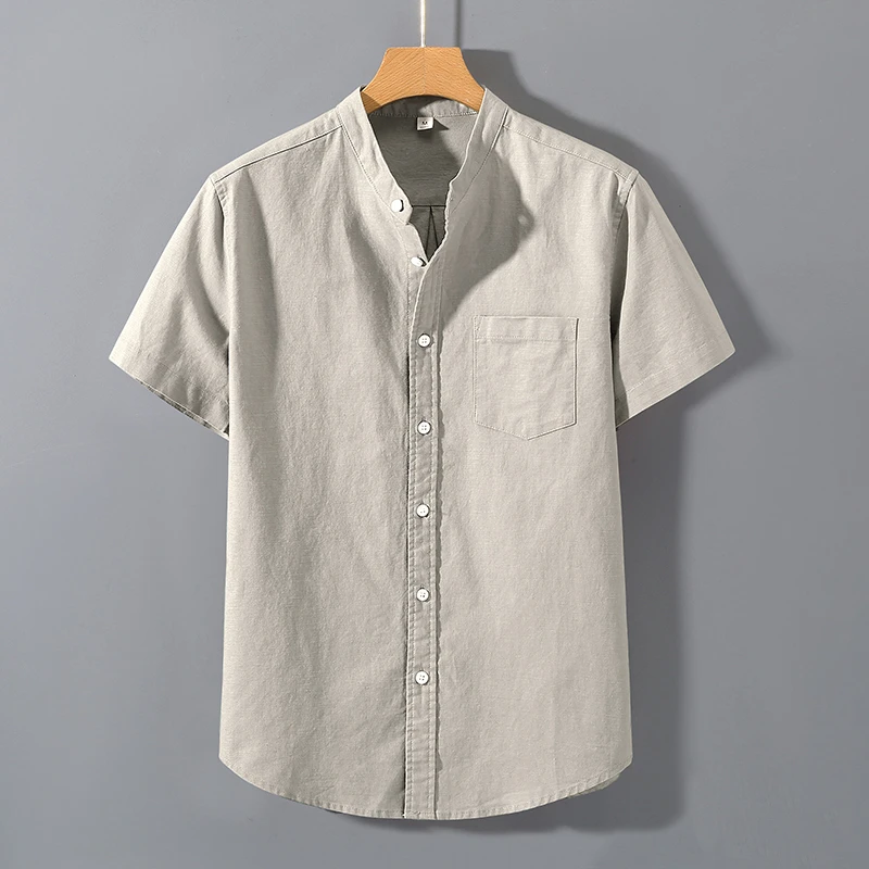 亚麻衬衫男短袖衬衣宽松男装中国风夏季棉麻男士休闲立领衬衣D939