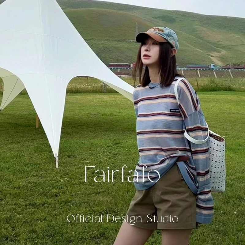 【宽松撞色条纹长袖】亚麻 夏季清新显瘦百搭宽松舒适T恤