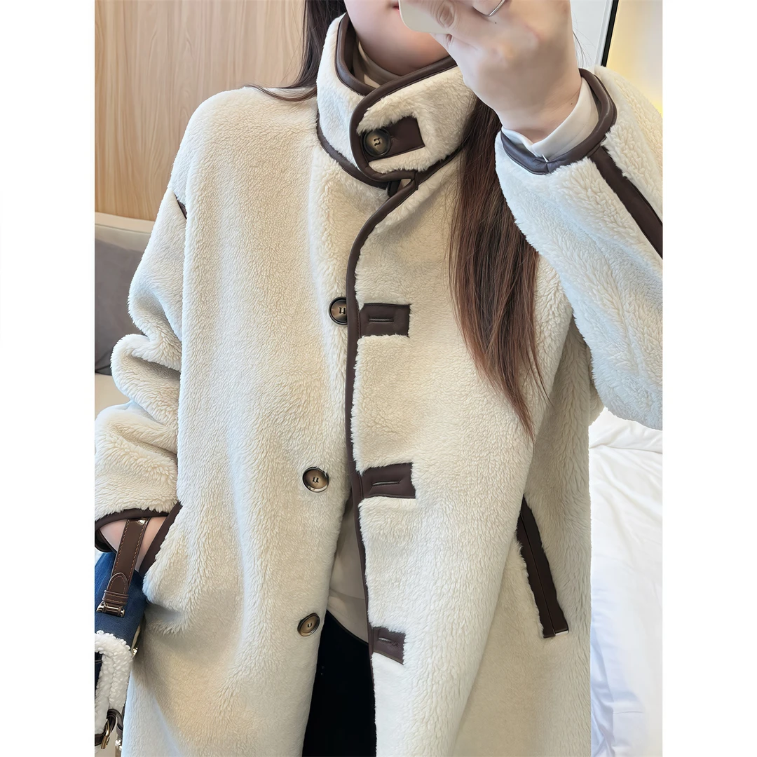 昭和日剧 /仿羊绒撞色气质长款大衣12693花契200斤胖mm休闲时尚