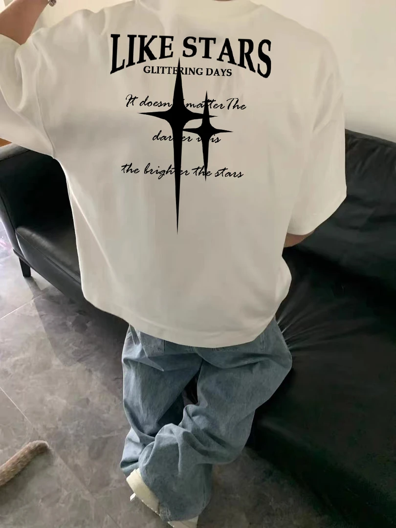 日系ins街头美式图案印花纯棉圆领短袖t恤男oversize夏季半袖上衣