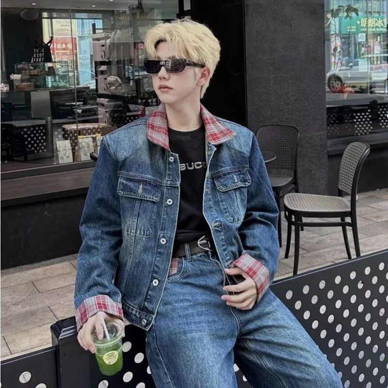 美式格纹翻领复古蓝色牛仔外套男女韩版宽松水洗做旧夹克男痞帅潮