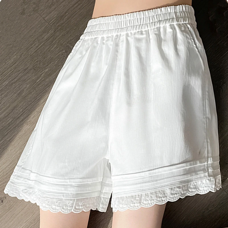 时尚蕾丝花边白色短裤女夏季松弛感宽松居家外穿运动休闲裤防走光