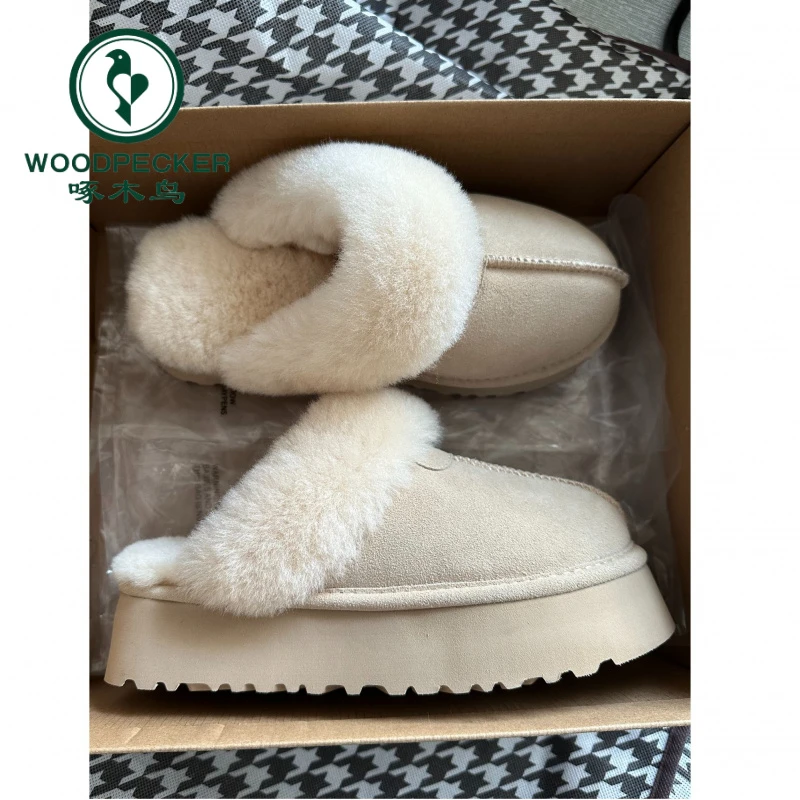 啄木鸟厚底毛毛拖鞋女冬季外穿皮毛一体包头雪地靴半拖一脚蹬棉鞋