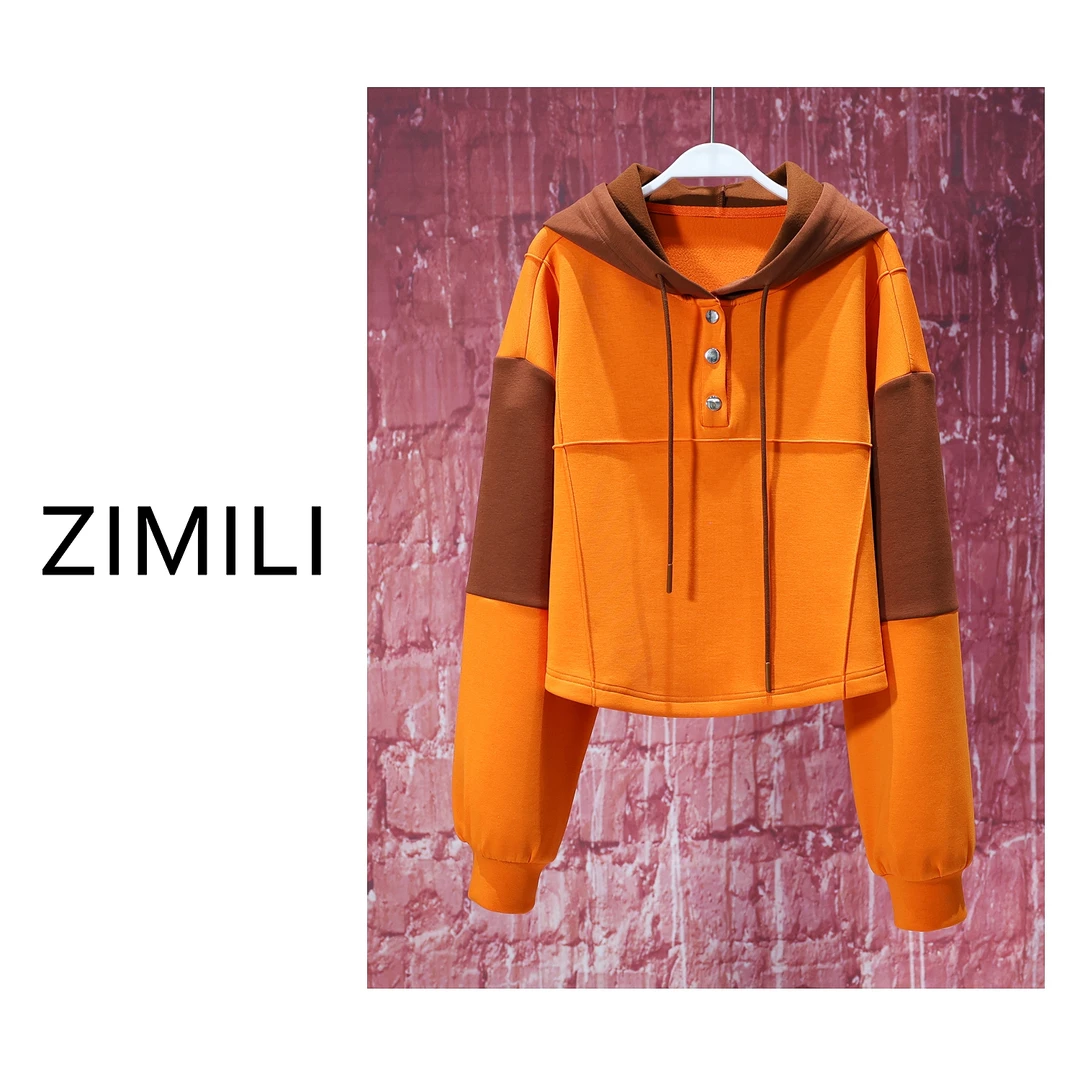【LIANG哥女装】2024欧货阔版定制爱玛橙拼咖色加厚连帽卫衣5705