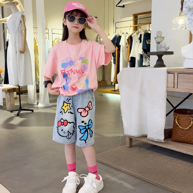 女童夏季套装2025新款洋气女孩时髦炸街短袖儿童卡通牛仔裤两件套