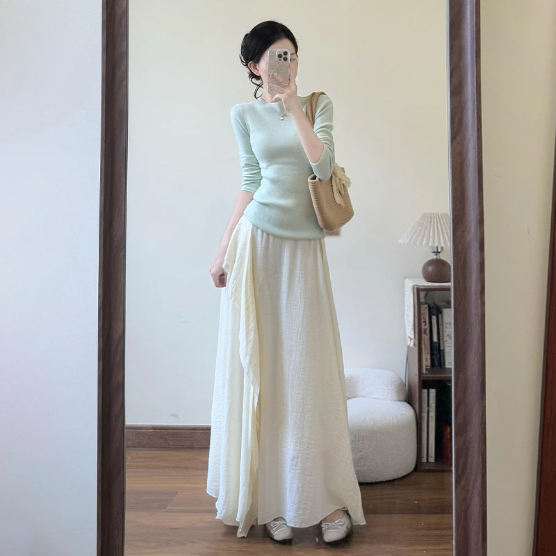【运费补贴】春装ootd穿搭一整套绿色针织衫不规则半身裙两件套0768