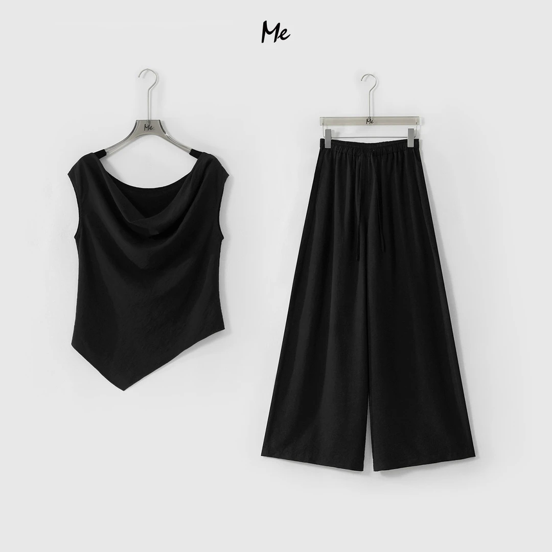 ME【斜裁荡领懒人套装】荡领斜裁显瘦舒适时尚百搭休闲套装MESS6547