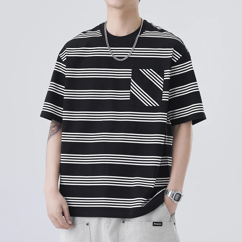 T恤男士2025新款条纹宽松短袖体恤男夏季薄款休闲透气半袖上衣服