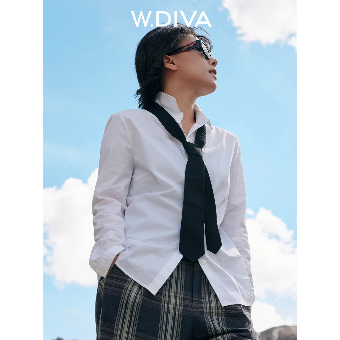 W.Diva【冷蝶】白色经典极简高雅百搭弹力衬衫清冷系衣服1S08C0608