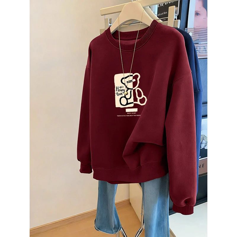 本命年马年衣服加绒加厚圆领卫衣女2026新款宽松时尚洋气喜庆上衣