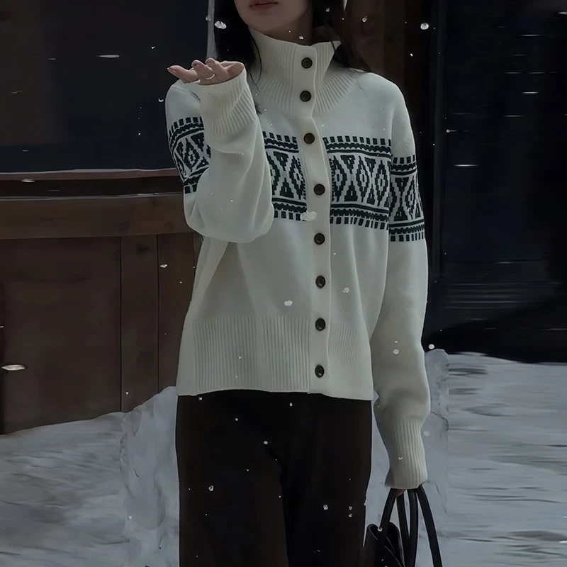 文艺复古提花翻领长袖针织衫女2025秋季新款气质百搭显瘦毛衣外套