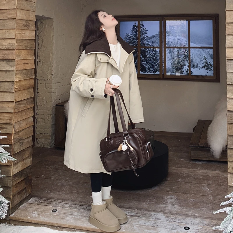 韩系针织翻领风衣试羽绒服女冬季2024新款韩系设计感中长款外套