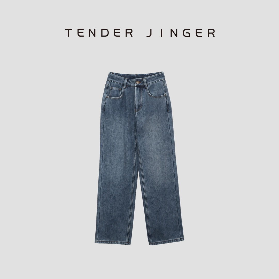 Tender Jinger｜线下专供 经典蓝斜纹复合绒直筒牛仔裤T53XJ222X