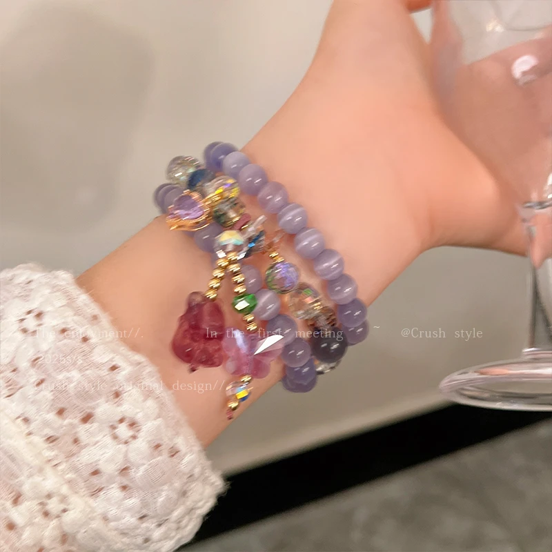 铜合金仿水晶手链 甜酷紫色串珠九尾狐手链女小众设计感个性手串