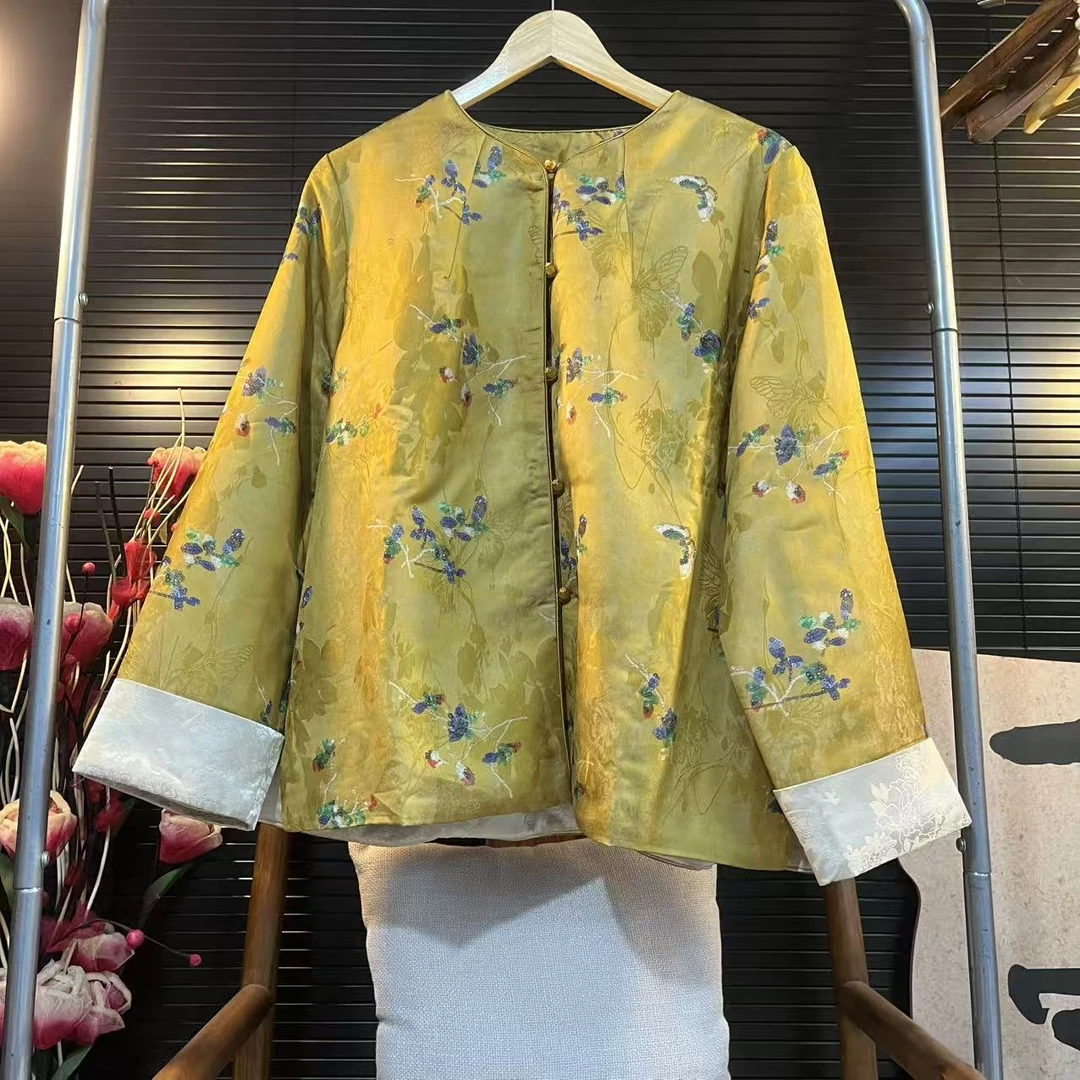 猫家YZM新中式国风秋季新款复古大码蝴蝶花黄色棉外套