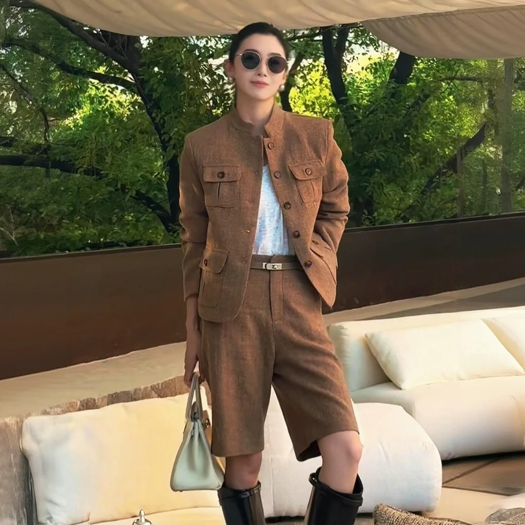 老钱风轻奢毛呢套装秋冬装新款复古圆领工装呢子外套六分裤两件套