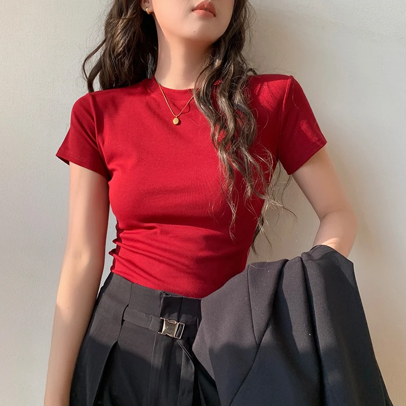 白色短袖t恤女夏装2025年新款韩版纯色半袖紧身圆领百搭洋气上衣