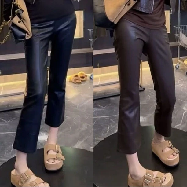 秋冬新款高腰加绒加厚微喇皮裤梨形身材显瘦百搭九分休闲裤子