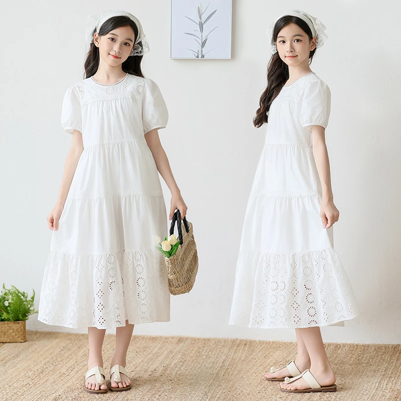女童镂空棉布连衣裙2025夏季新款中大童韩版简约裙子女孩气质长裙