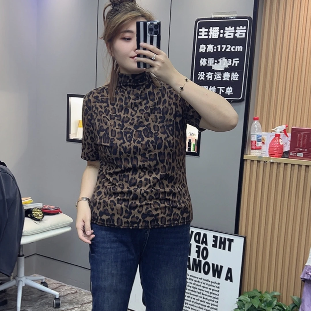 岩岩家豹纹高领棉打底女上衣