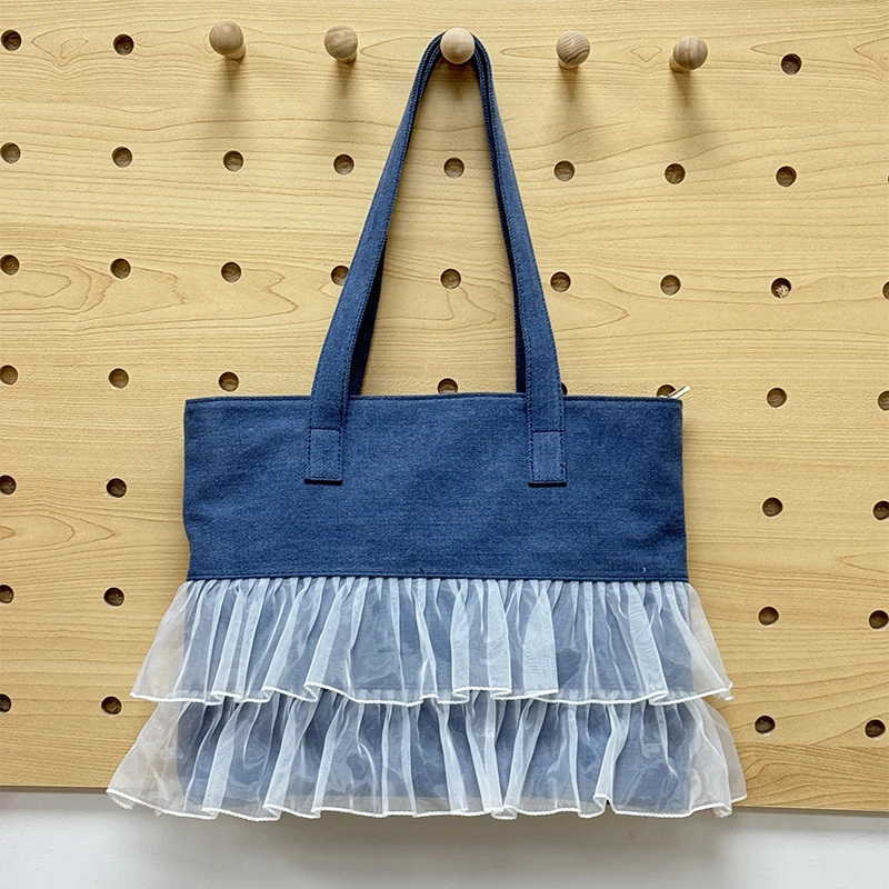 牛仔纱花边包2025新款森系韩版文艺学生文件手提大容量单肩帆布包