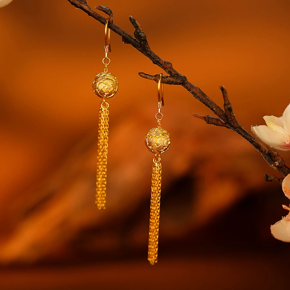 鳳悦匠 牡丹花足金流苏耳饰国潮黄金G03778