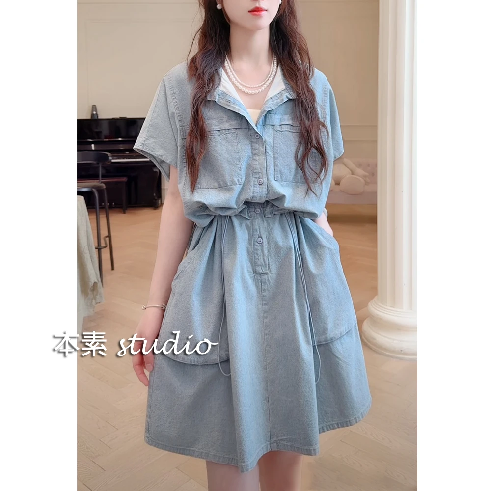 同桌的你C3699腰部抽绳半开扣假两件立领牛仔短袖连衣裙