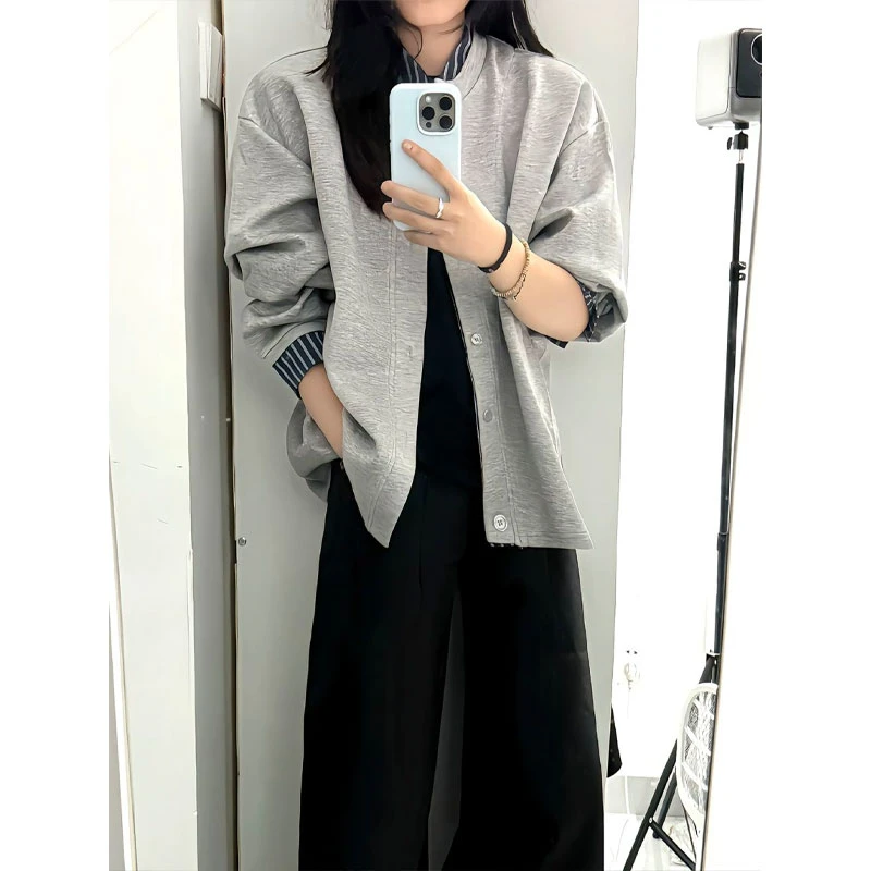 灰色拼接条纹假两件卫衣男秋季高级感cleanfit外套美式学院风上衣