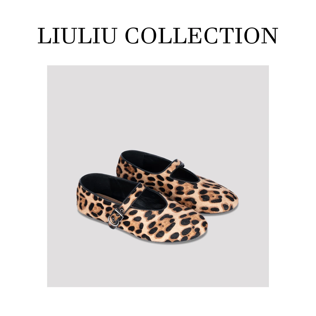 时尚新款真皮豹纹马毛休闲一字带平底玛丽珍单鞋夏季 U48