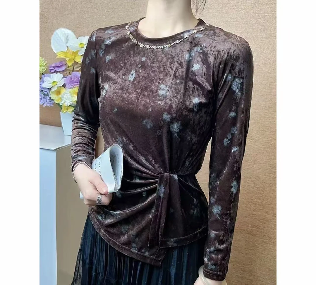 【晚星】印染常规型长袖圆领T恤百搭印花网红民族风时尚春秋女装170
