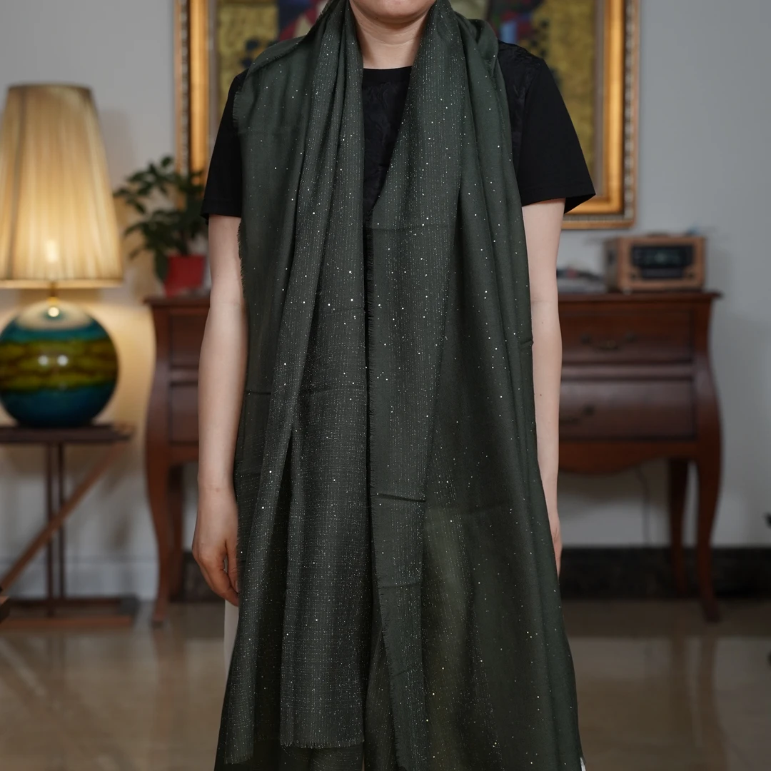 复古中式风绿色金丝气质百搭长款大披肩围巾-B4E1080