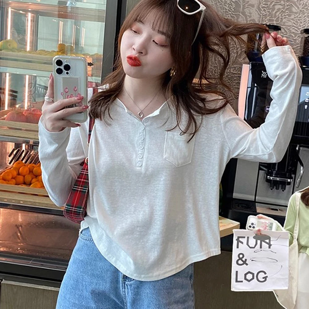 宽松显瘦休闲百搭长袖上衣秋季新款小个子雪花棉薄款纯色T恤女