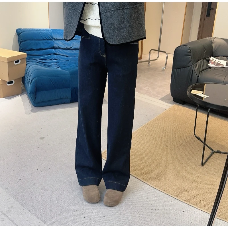 【欧加粒粒】丹宁蓝加绒加厚四面弹窄版直筒十分牛仔裤显瘦 B25305