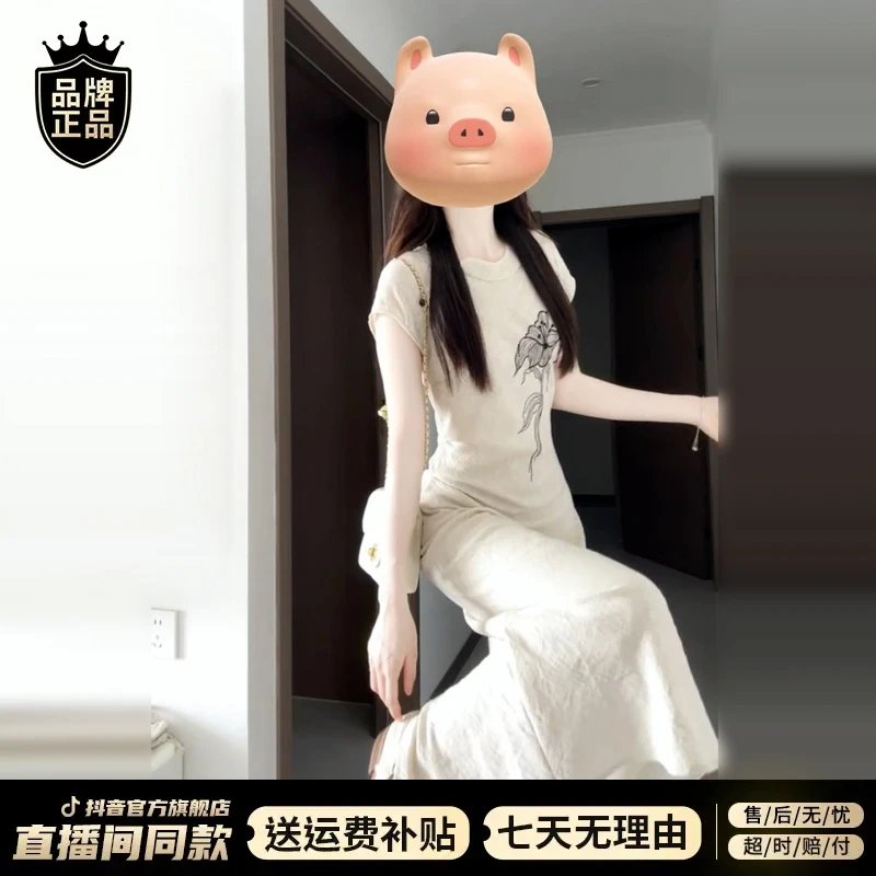 新中式国风改良旗袍连衣裙子女夏新款阔太太时髦印花收腰短袖长裙