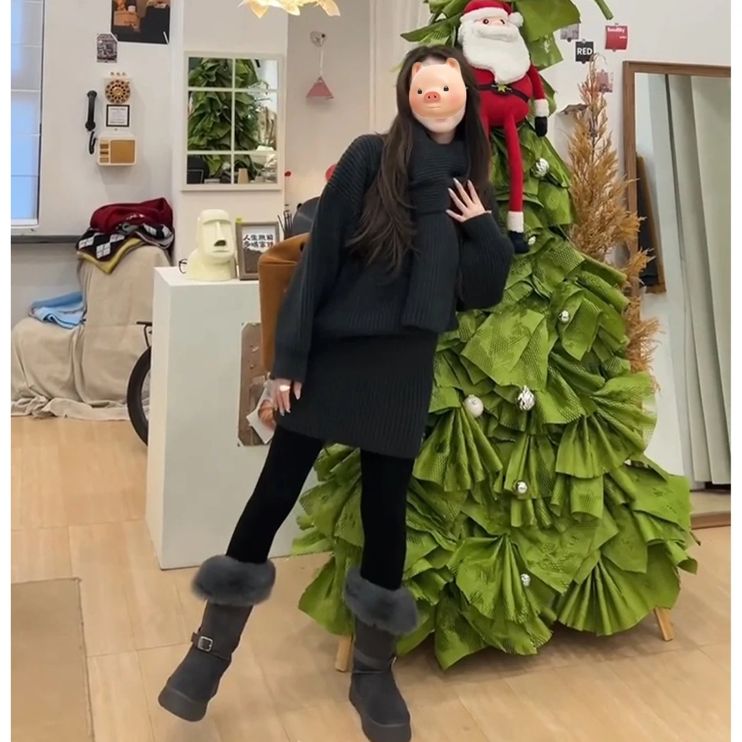 2026超火穿搭独特漂亮秋冬装一整套小香风围巾毛衣半身裙两件套装