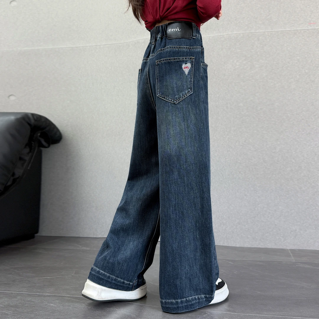 女童加绒裤子秋冬2025新款女孩韩版时尚超好看直筒阔腿儿童牛仔裤