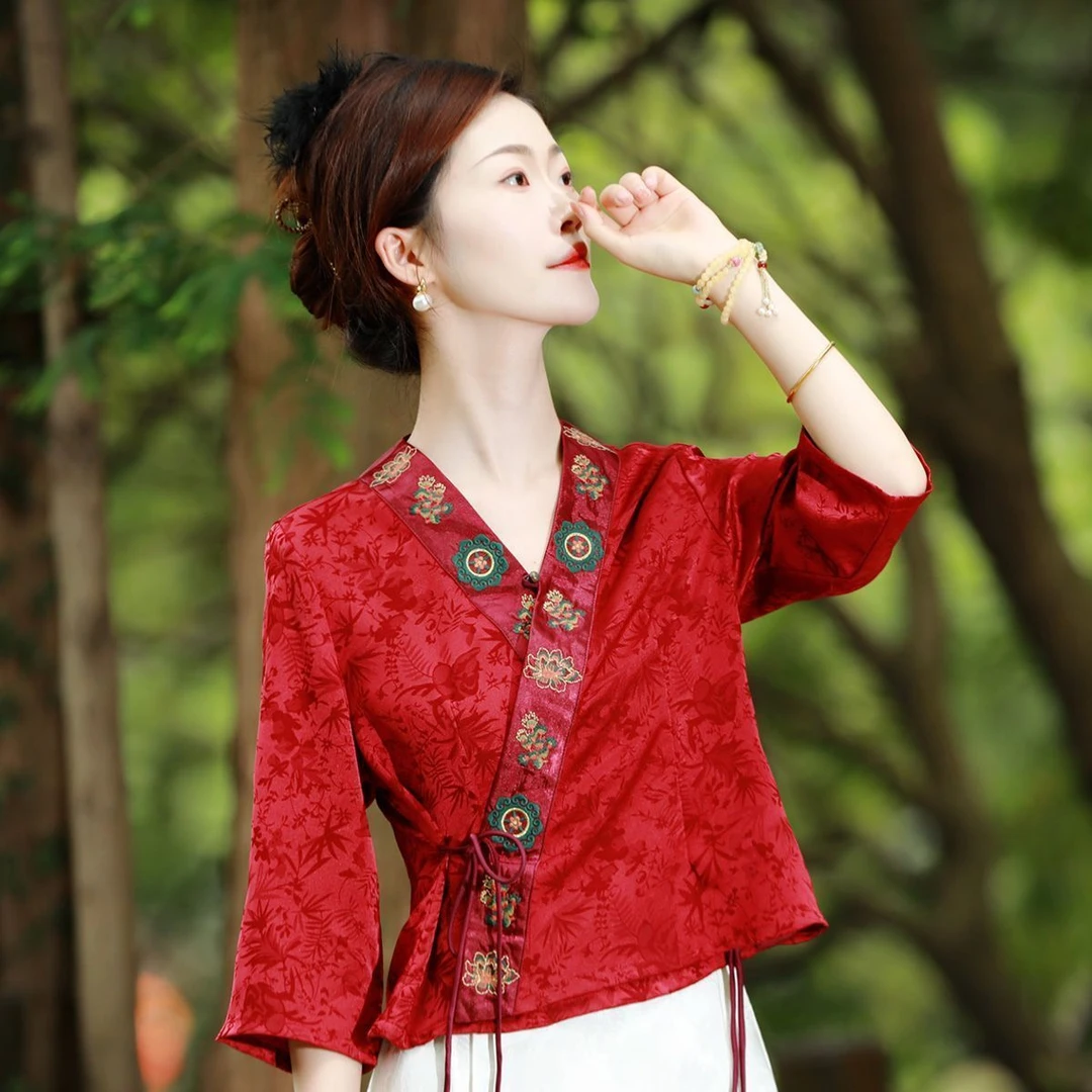 哥弟阿玛施正品素娘夏季新款女式面料柔软七分袖拼接国风气质刺绣