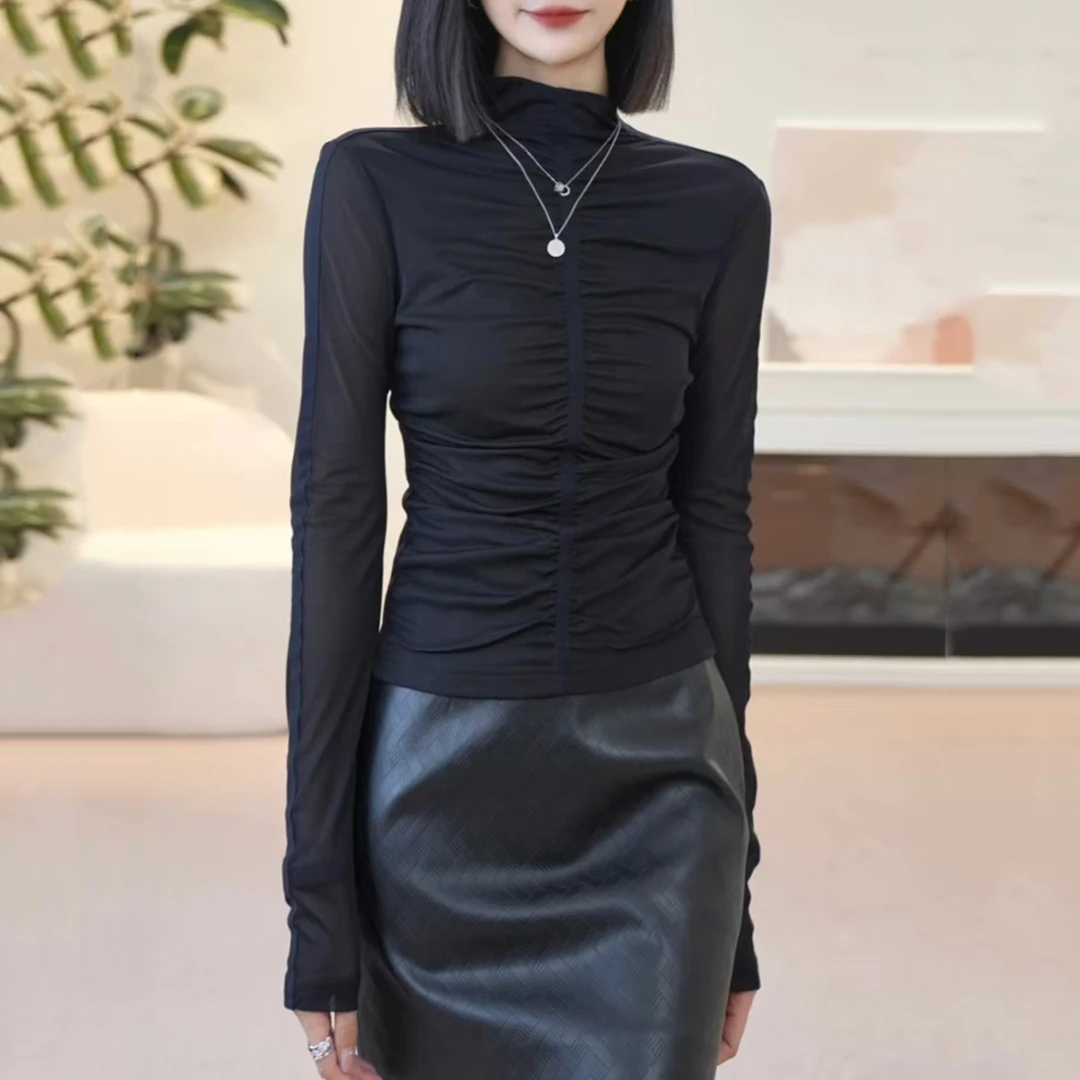 【商场同款】2025秋季新款半高领褶皱网纱长袖t恤女打底纱衣130101