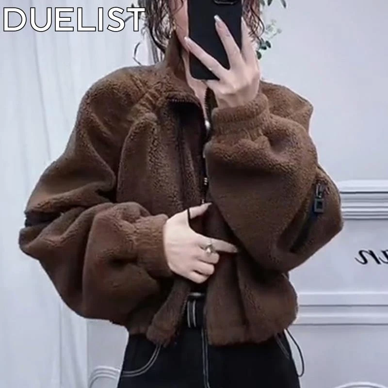 DUELIST欧货短款外套女士秋冬新款小个子开衫加厚皮毛一体上衣潮