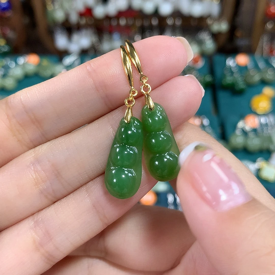 和田玉（碧玉）银S925镶嵌耳饰福豆豆卡20左右