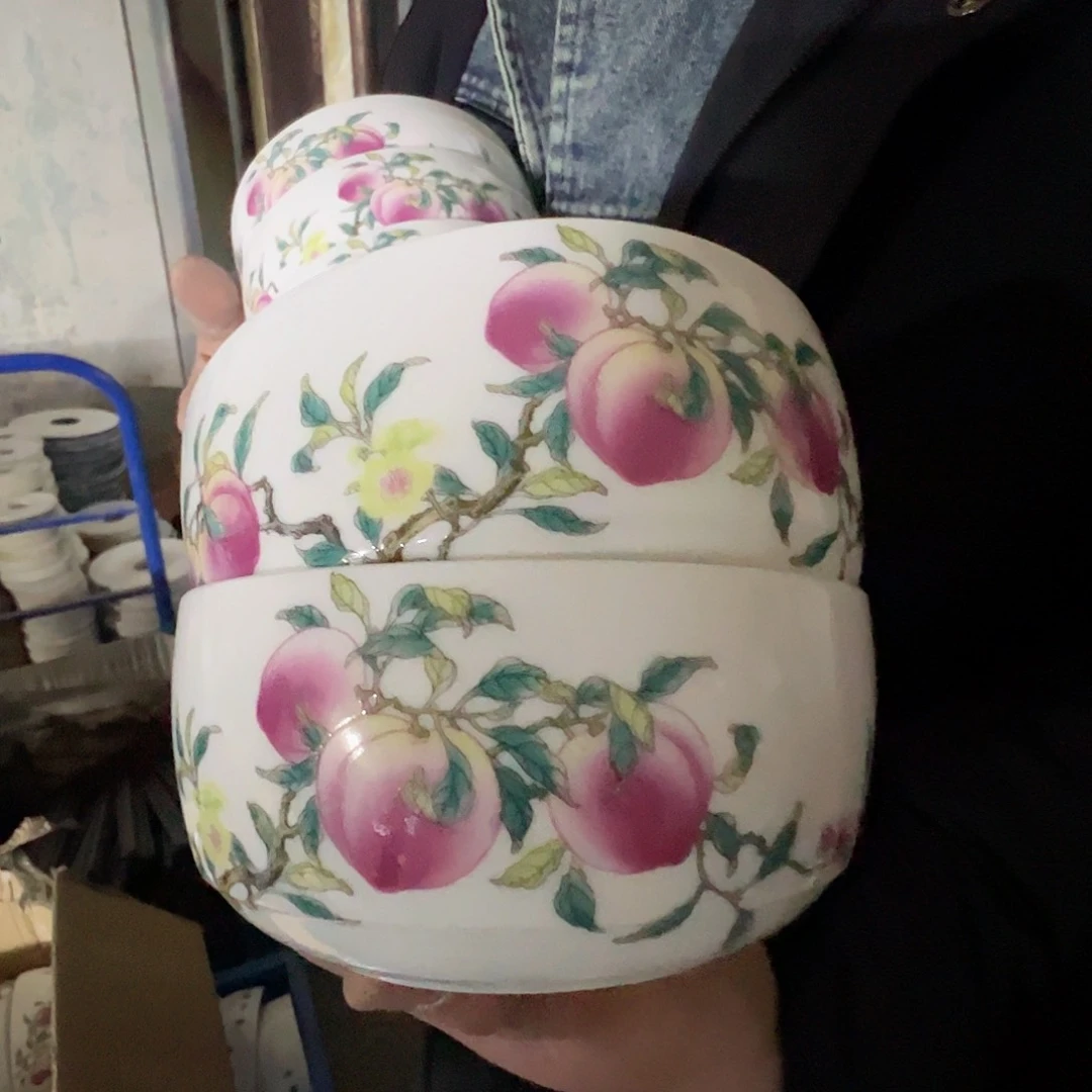 瓷景德镇高温陶瓷粉桃5.5寸面碗2个