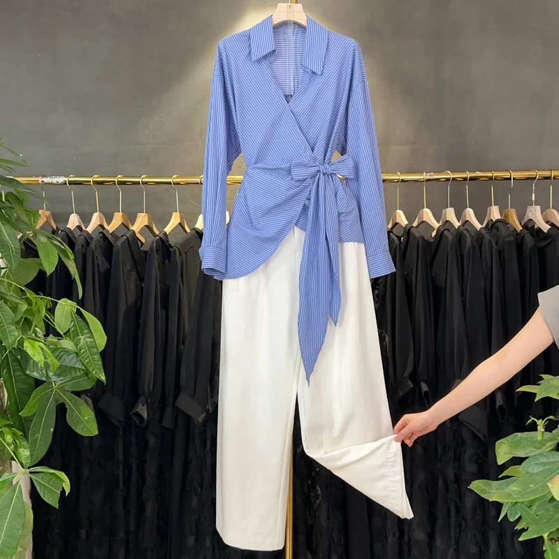 X8021 早秋新款韩系ins风蓝色条纹绑带衬衣阔腿裤套装