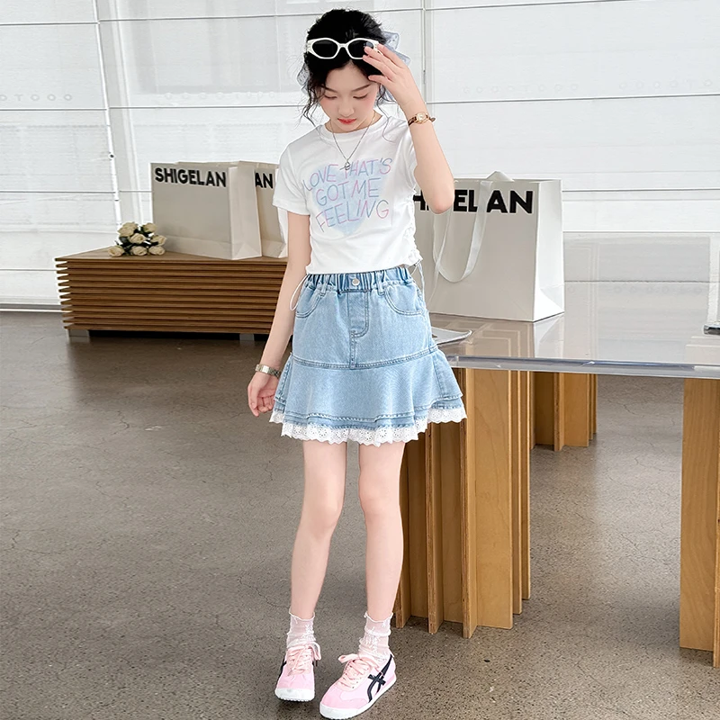 女童夏季套装2025新款洋气时尚短袖牛仔短裙两件套6-12岁中大童潮