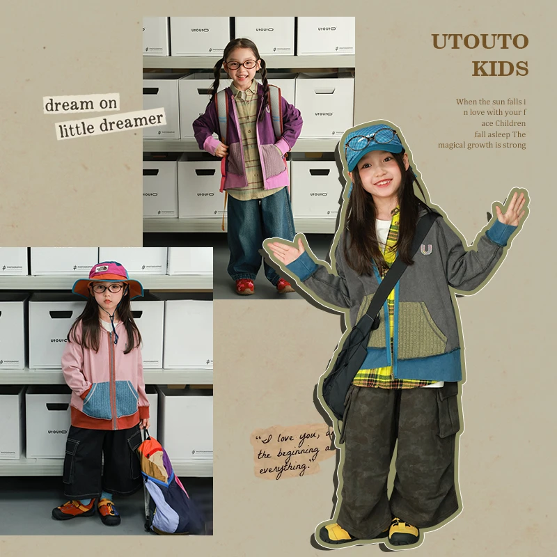 utouto大耳象女童撞色口袋拉链连帽外套2025秋季新款2401358