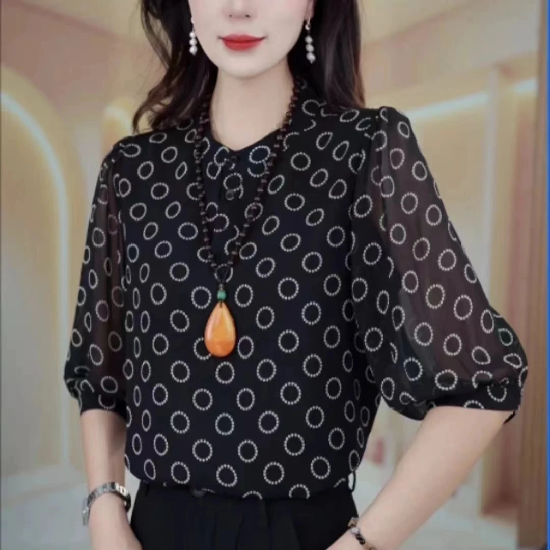 高档夏季新款波点上衣七分衬衫时尚洋气印花防晒小衫女
