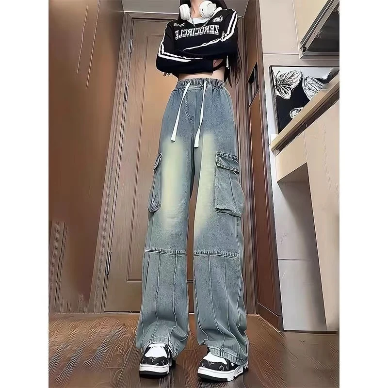 美式复古工装牛仔裤女秋季新款拼接设计感阔腿裤松紧腰抽绳直筒裤