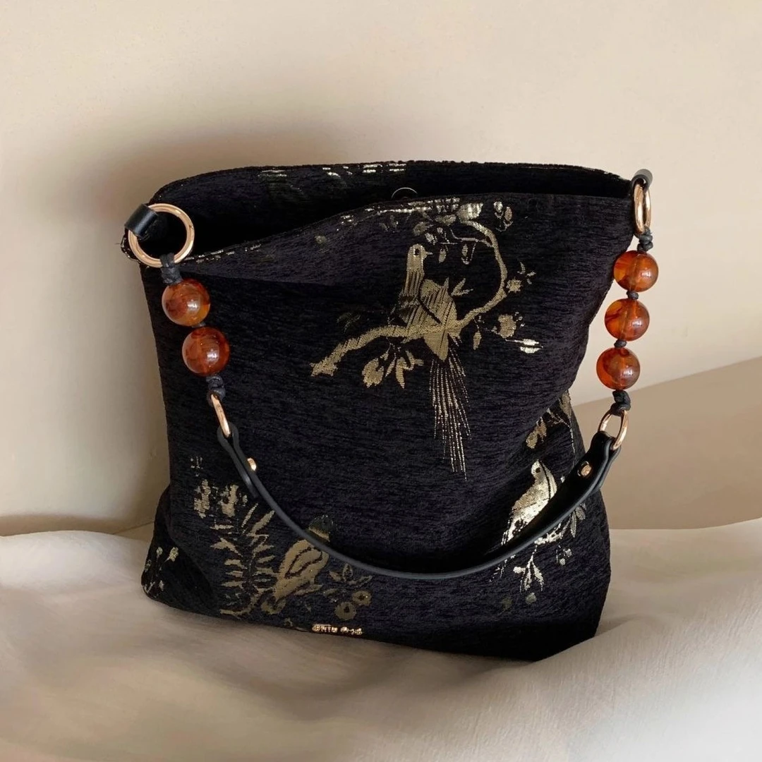 几礼黑金花鸟雪尼尔绒托特包琥珀串珠刺绣复古风单肩斜挎大容量包