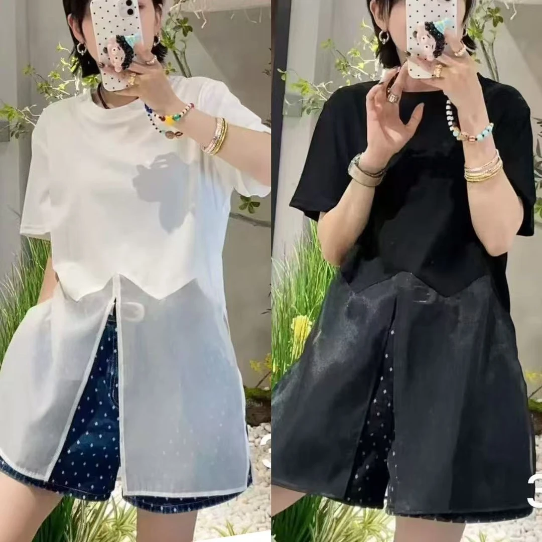 32185（丹姐家）夏季欧货下摆拼欧根纱开叉假两件短袖T恤休闲上衣